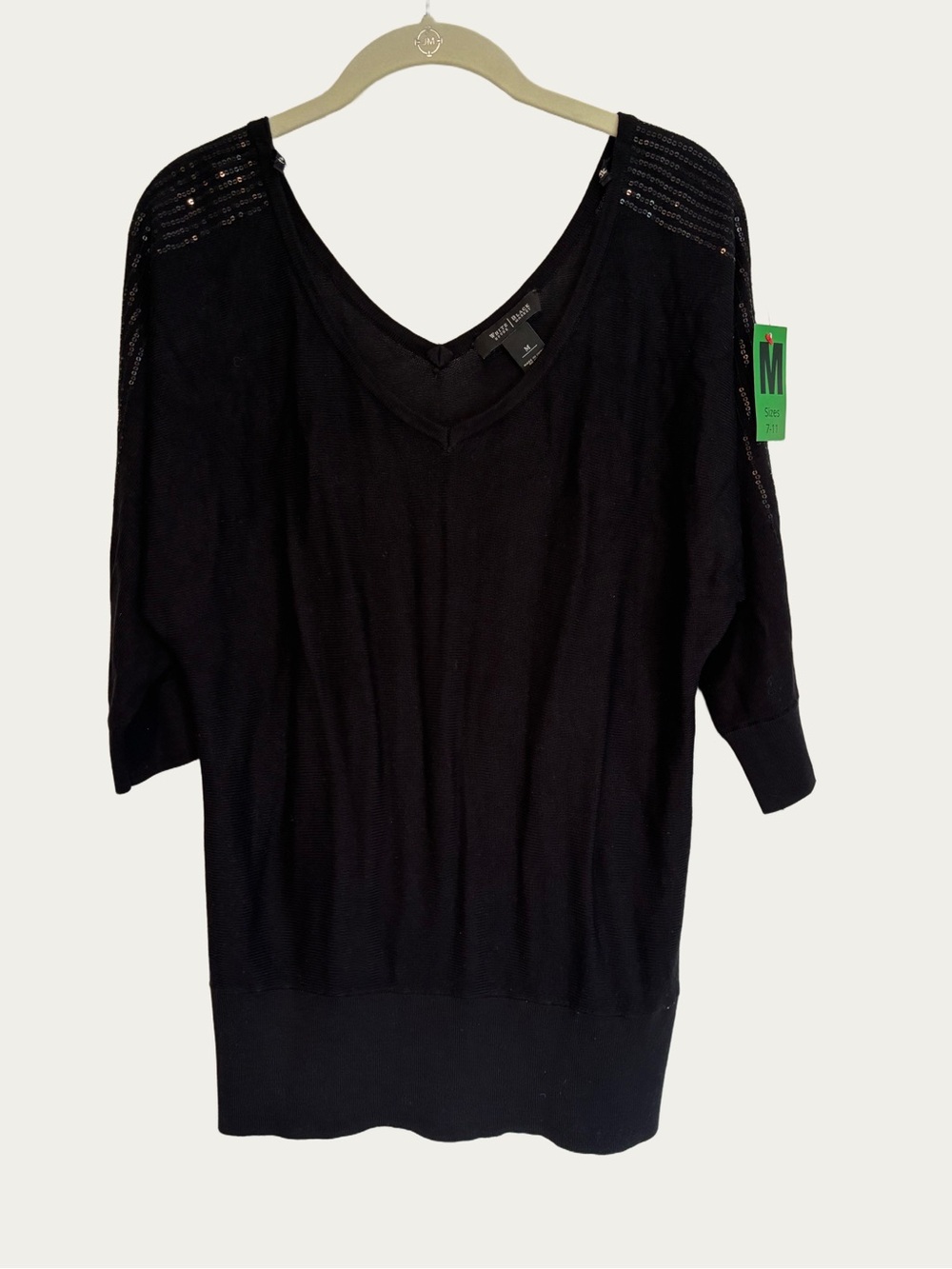 White House Black Market Black Knit Top with Sequined Sleeves Medium NWT